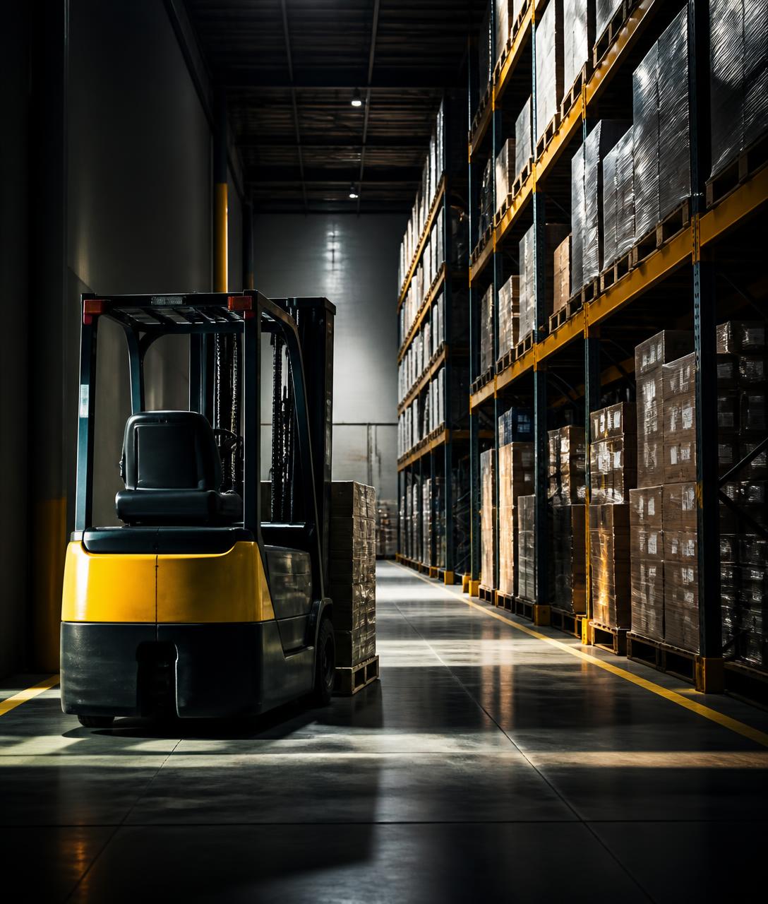 Forklift moving inventory through an organized distribution warehouse